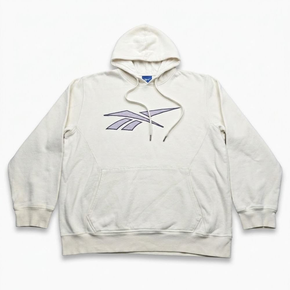 Reebok Vector Hoodie Men XL Off White Cream Embroidered Logo Pullover Sweatshirt